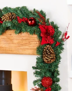 WeRChristmas Decorated Garlands|Pre Lit Garlands^Extra Thick Decorated Garland, Red/Gold, 9 Ft