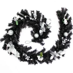 WeRChristmas Decorated Garlands^Pre-Decorated Garland, Black/Silver, 6 Ft