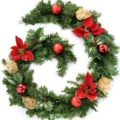 WeRChristmas Decorated Garlands^Pre-Decorated Garland, Red/Gold, 6 Ft