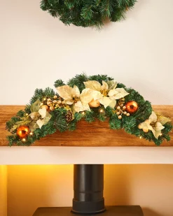 WeRChristmas Decorated Garlands|Pre Lit Garlands^Pre-Lit Decorated Arch Garland With 20 Warm White LEDs, Copper/Gold, 3 Ft