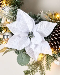 WeRChristmas Decorated Wreaths|Pre Lit Wreaths^Pre-Lit Decorated Frosted Wreath, White/Silver, 60 Cm