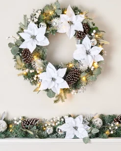 WeRChristmas Decorated Wreaths|Pre Lit Wreaths^Pre-Lit Decorated Frosted Wreath, White/Silver, 60 Cm