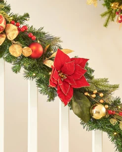 WeRChristmas Decorated Garlands|Pre Lit Garlands^Pre-Lit Decorated Garland, Red/Gold, 9 Ft
