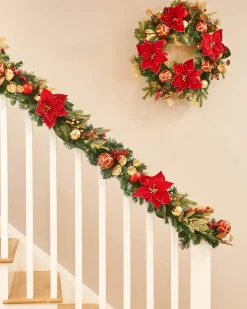 WeRChristmas Decorated Garlands|Pre Lit Garlands^Pre-Lit Decorated Garland, Red/Gold, 9 Ft