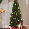 WeRChristmas Budget Christmas Trees|Pre Lit Christmas Trees^Pre-Lit Decorated Pop-Up Christmas Tree, Red & White, 6 Ft