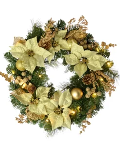 WeRChristmas Decorated Wreaths|Pre Lit Wreaths^Pre-Lit Decorated Wreath, Cream/Gold, 60 Cm