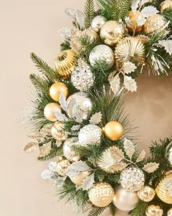 WeRChristmas Pre Lit Wreaths^Pre-Lit Decorated Wreath, Silver/Champagne/Gold, 76 Cm