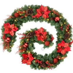 WeRChristmas Decorated Garlands|Pre Lit Garlands^Pre-Lit Extra Thick Decorated Garland, Red/Gold, 9 Ft