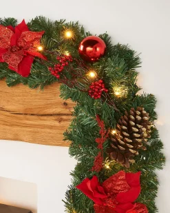 WeRChristmas Decorated Garlands|Pre Lit Garlands^Pre-Lit Extra Thick Decorated Garland, Red/Gold, 9 Ft