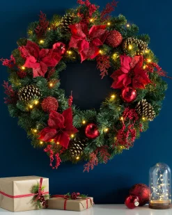WeRChristmas Decorated Wreaths|Pre Lit Wreaths^Pre-Lit Extra Thick Decorated Wreath, Red/Gold, 76 Cm