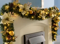 WeRChristmas Decorated Garlands|Pre Lit Garlands^Pre-Lit Extra Thick Garland, Static, Cream/Gold, 9 Ft