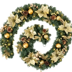 WeRChristmas Decorated Garlands|Pre Lit Garlands^Pre-Lit Extra Thick Garland, Static, Cream/Gold, 9 Ft