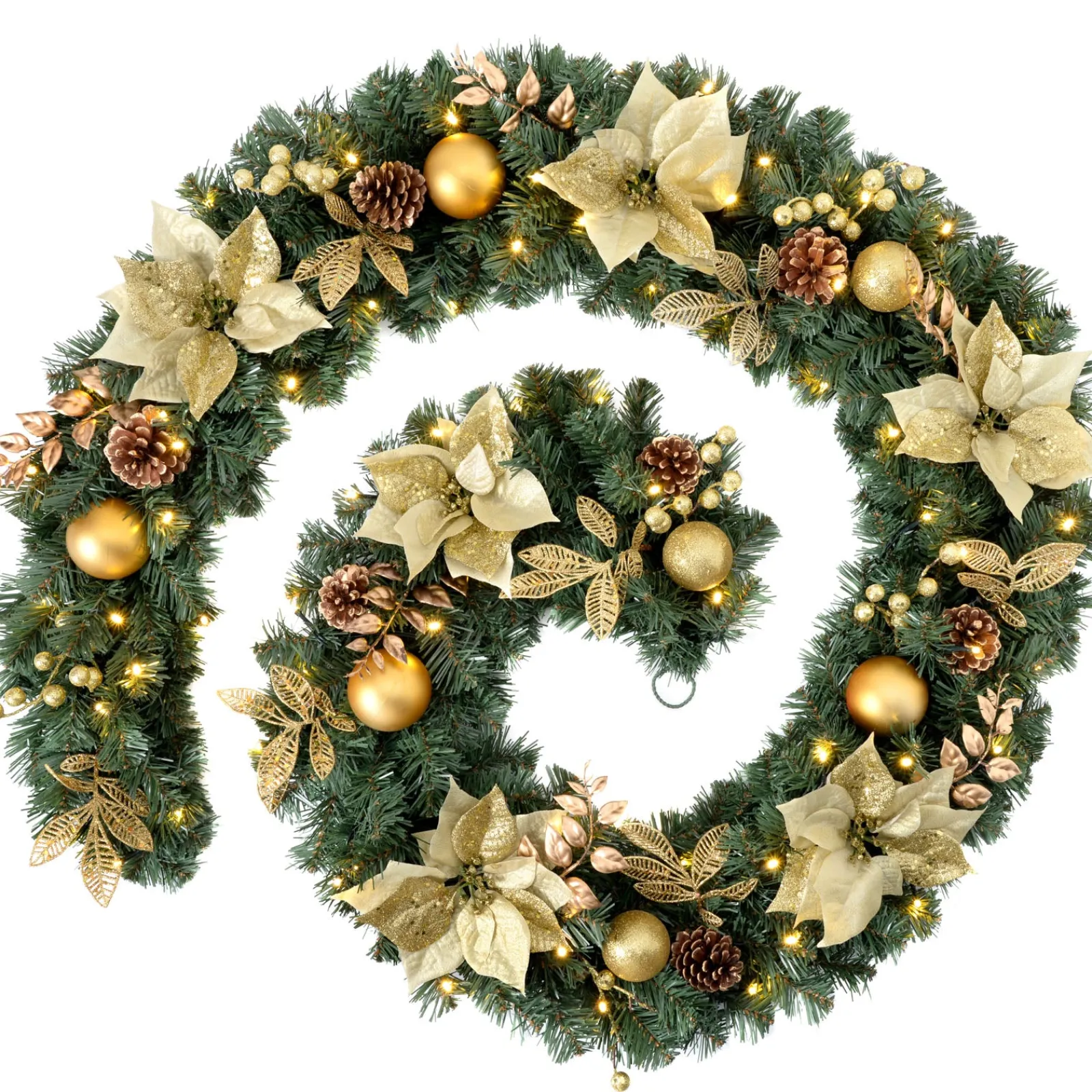 WeRChristmas Decorated Garlands|Pre Lit Garlands^Pre-Lit Extra Thick Garland, Static, Cream/Gold, 9 Ft