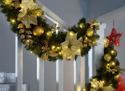 WeRChristmas Decorated Garlands|Pre Lit Garlands^Pre-Lit Extra Thick Garland, Static, Cream/Gold, 9 Ft