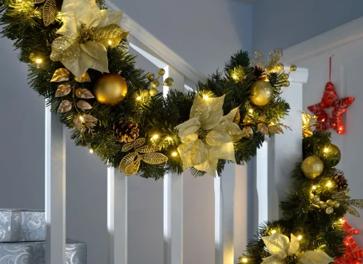 WeRChristmas Decorated Garlands|Pre Lit Garlands^Pre-Lit Extra Thick Garland, Static, Cream/Gold, 9 Ft