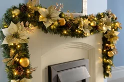 WeRChristmas Decorated Garlands|Pre Lit Garlands^Pre-Lit Extra Thick Garland, Cream/Gold, 9 Ft