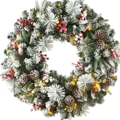 WeRChristmas Decorated Wreaths|Pre Lit Wreaths^Pre-Lit Extra Thick Mixed Pine Snow Flocked Wreath, Pinecones & Berries, 76 Cm