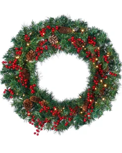 WeRChristmas Decorated Wreaths|Pre Lit Wreaths^Pre-Lit Extra Thick Wreath, Pinecones & Berries, 76 Cm