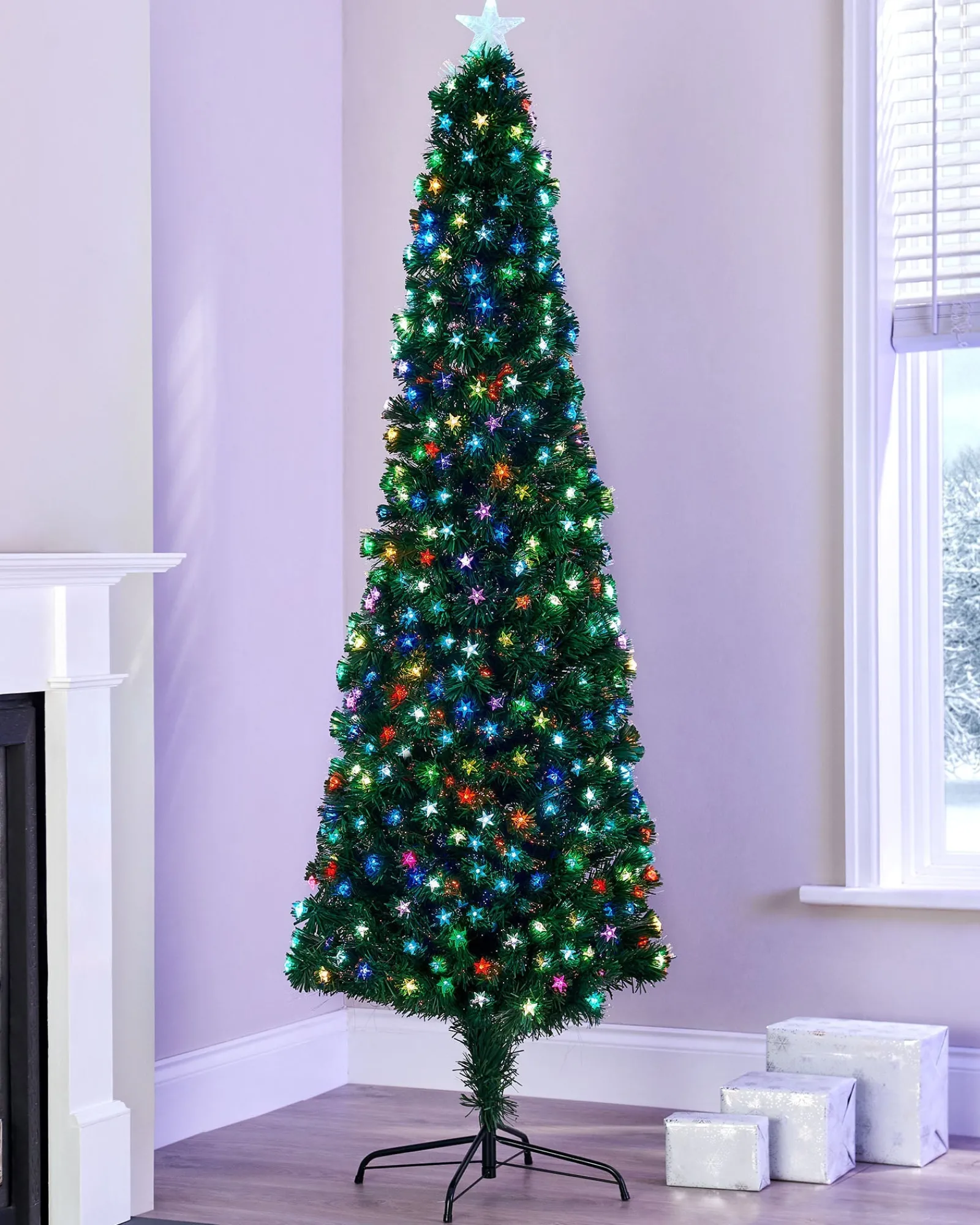 WeRChristmas Budget Christmas Trees|Fibre Optic Christmas Trees^Pre-Lit Fibre Optic Pencil Christmas Tree With Multi-Coloured LED Stars, 7 Ft
