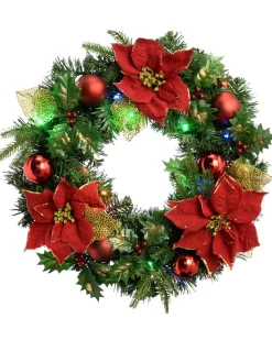 WeRChristmas Decorated Wreaths|Pre Lit Wreaths^Pre-Lit Multi-Coloured Decorated Wreath, Red/Gold, 60 Cm