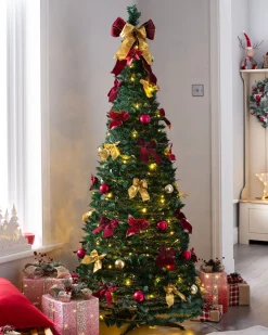 WeRChristmas Budget Christmas Trees|Pre Lit Christmas Trees^Pre-Lit Pop-Up Decorated Christmas Tree, Red/Gold, 6 Ft