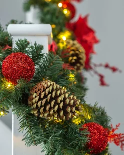 WeRChristmas Decorated Garlands|Pre Lit Garlands^Pre-Lit Red Decorated Extra Thick Garland, 9 Ft