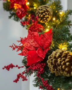 WeRChristmas Decorated Garlands|Pre Lit Garlands^Pre-Lit Red Decorated Extra Thick Garland, 9 Ft