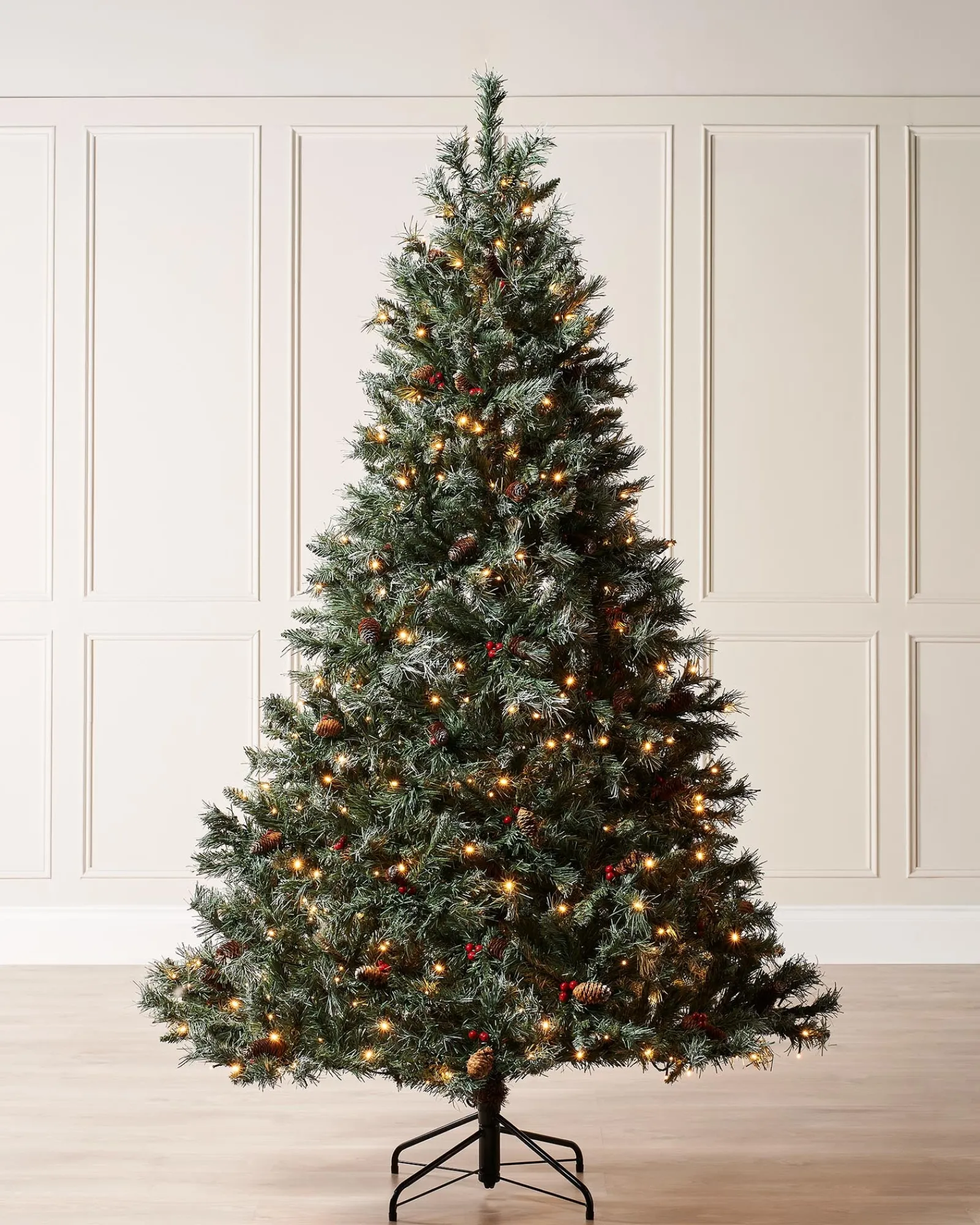 WeRChristmas Snow Flocked Christmas Trees|Pre Lit Christmas Trees^Pre-Lit Scandinavian Spruce Pinecones & Berries Christmas Tree, 9 Ft
