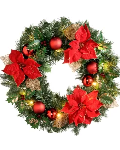 WeRChristmas Decorated Wreaths|Pre Lit Wreaths^Pre-Lit Warm White Decorated Wreath, Red/Gold, 60 Cm