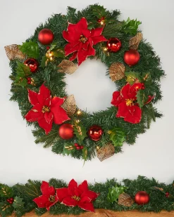 WeRChristmas Decorated Wreaths|Pre Lit Wreaths^Pre-Lit Warm White Decorated Wreath, Red/Gold, 60 Cm