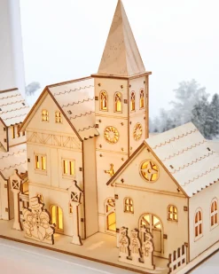WeRChristmas Table Decorations^Pre-Lit Wooden Church Scene, 28 Cm