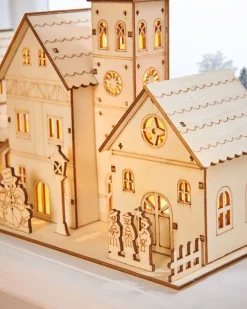 WeRChristmas Table Decorations^Pre-Lit Wooden Church Scene, 28 Cm