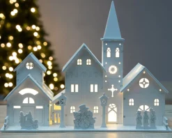 WeRChristmas Table Decorations^Pre-Lit Wooden Church Scene, 22 Cm