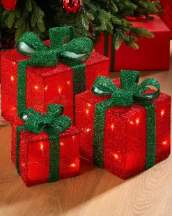 WeRChristmas Table Decorations^Set Of 3 Pre-Lit Gift Box Silhouettes, Red, 26 Cm
