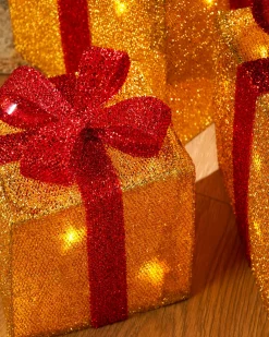 WeRChristmas Table Decorations^Set Of 3 Pre-Lit Gift Box Silhouettes, Gold