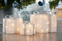 WeRChristmas Table Decorations^Set Of 3 Pre-Lit Gift Boxes, White, 25 Cm