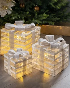 WeRChristmas Table Decorations^Set Of 3 Pre-Lit Paper String And Gauze Gift Boxes, 26 Cm