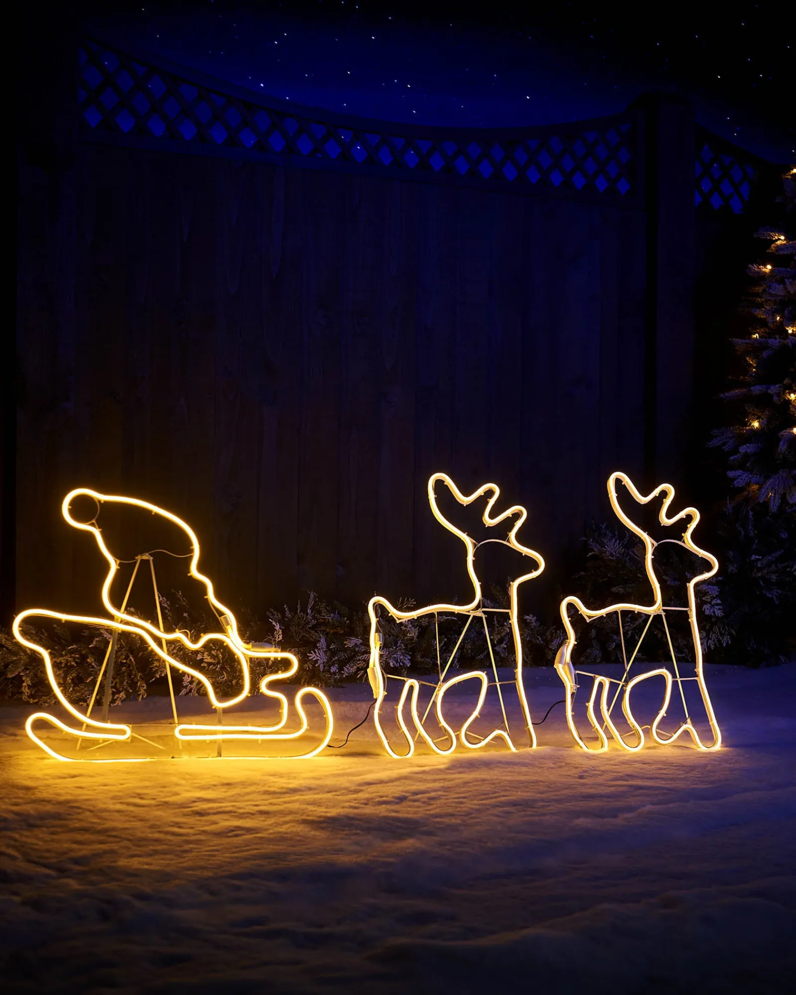 WeRChristmas Outdoor Lighted Reindeer^Twin Reindeers With Santa Sleigh Neon Rope Light Silhouette, 2.6 M